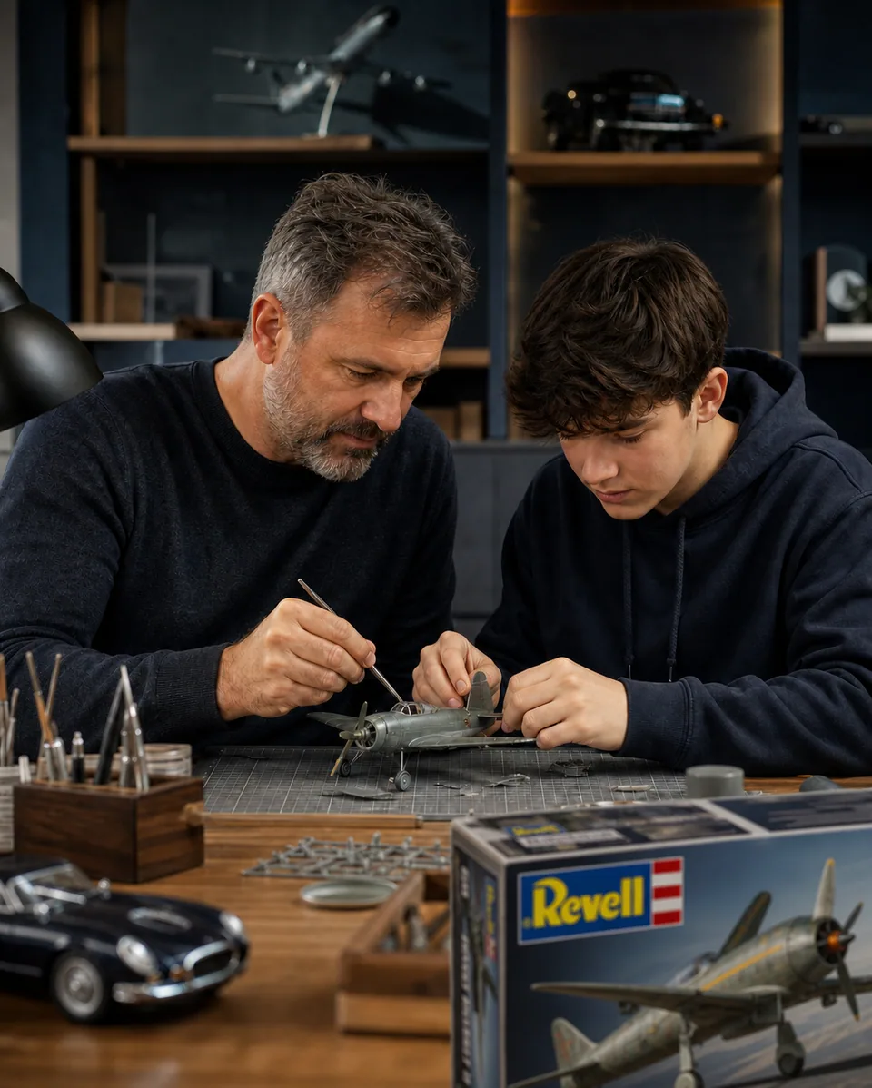 Building a plastic model together with a Revell kit box