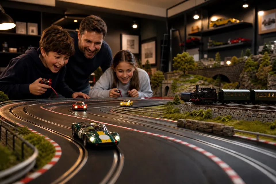 A family racing slot cars beside a model railway