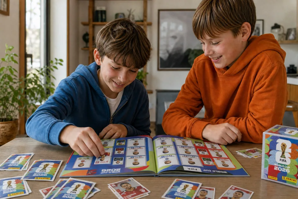 Children adding football stickers to a collectable album