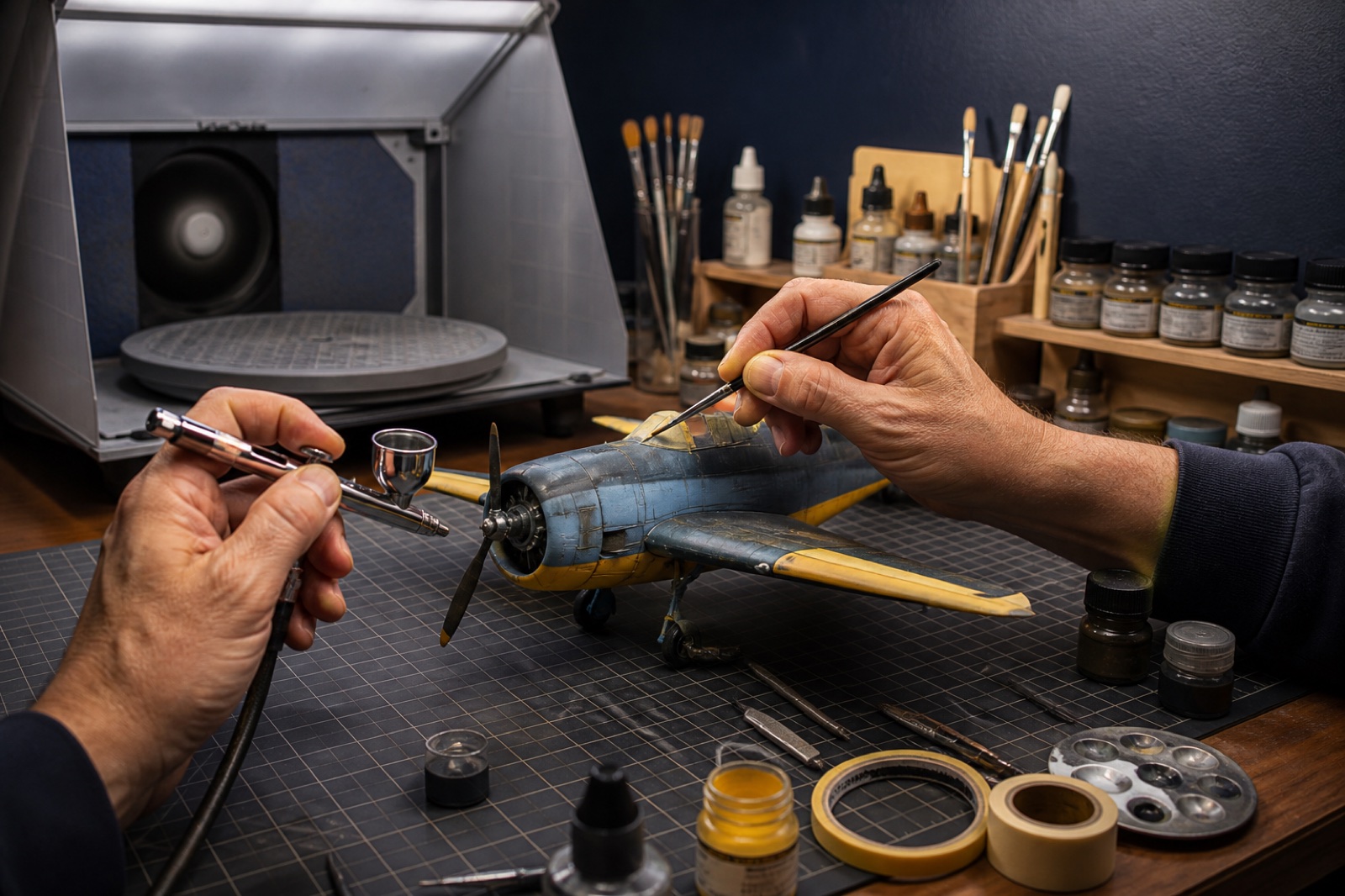 Detail painting of a plastic model at a modelling workbench